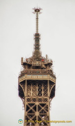 People on the top of the Eiffel Tower as seen from the Quai Branly Museum